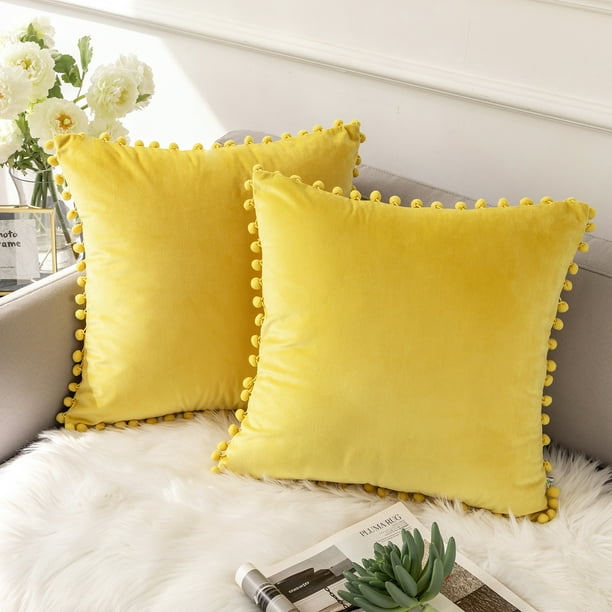YIcabinet Decorative Throw Pillow Covers 12 X 20 inch with Pom-Poms Fringe,Soft Particles Velvet Solid Cushion Case Yellow Pillow Cases for Sofa Bedroom,2 Pack,Mustard Yellow 